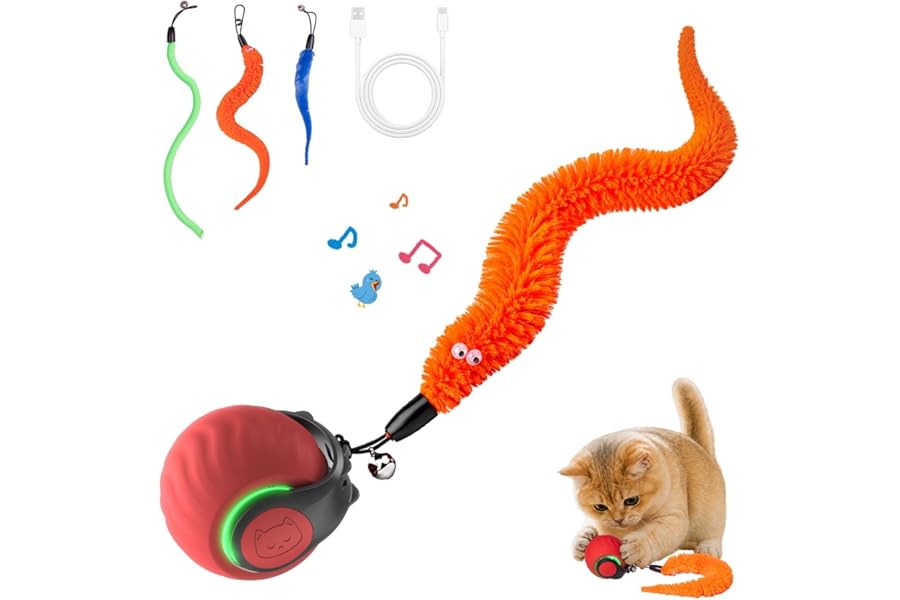 Geamen Interactive Cat Toys with Bird Sounds & 3 Speed Modes, Rechargeable Automatic Moving Cat Toy with 3 Tails, Fast Chargi