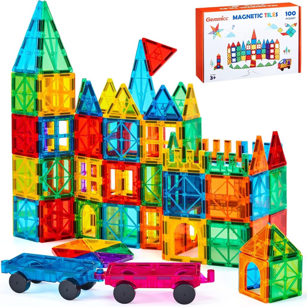 Gemmicc Baldosas Magnéticas 100 Piezas con 2 Coches, Juguete Educativo Stem, Bloques Magnéticos de Construcción para Niños y Niñas