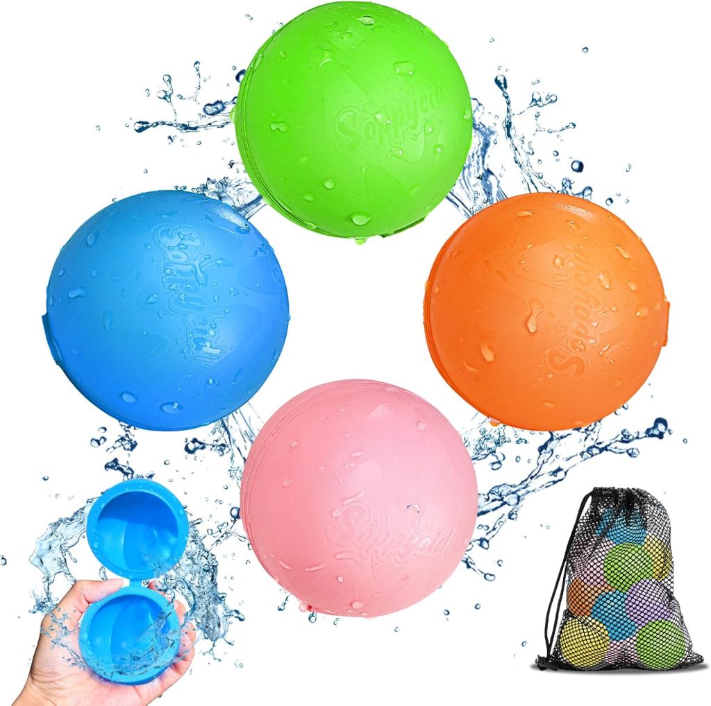 Globos de Agua Reutilizables, 4 Piezas Bolas de Agua Recargables Autosellante de Llenado Rápido para Niños y Adultos, Juguetes de Verano Aptos para Exteriores, Piscina, Playa y Fiestas Acuáticas