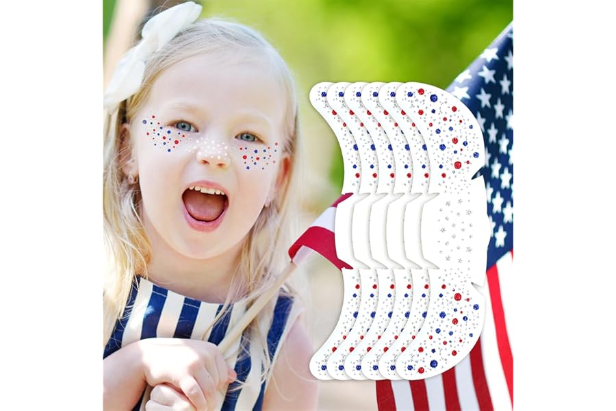 Go Ho Patriotic Red White and Blue Glitter Freckles Face Tattoo,4th of July Freckles Sparkle,4th of July Accessories,Fourth of July Outfit Women for Independence Day 250 Anniversary USA,6 Pcs