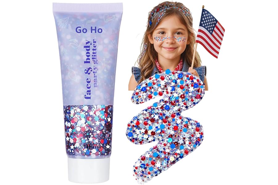Go Ho Red White and Blue Hair Body Glitter,4th of July Glitter Stick,4th of July Outfits and Accessories for Women Kids,Patriotic USA Flag Face Glitter for 250 Anniversary USA Independence Day