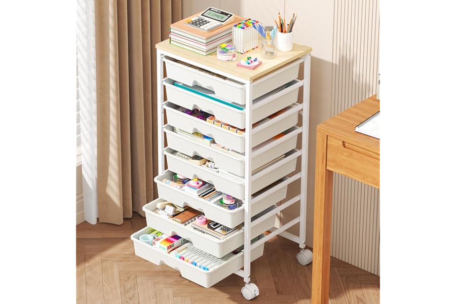 Goovilla Rolling Cart with Drawers, Utility Cart Organizer With 8 Removable Drawers and Wooden Tabletop, Lockable Rolling Storage Organizer for Art, Classroom, Home, Dorm, Office, Craft Storage, White