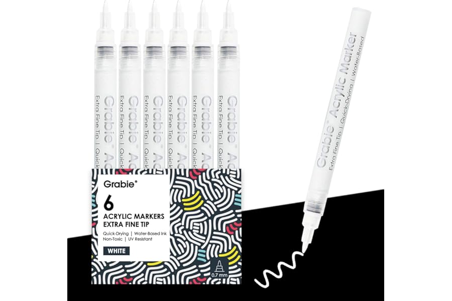 Grabie 6 White Acrylic Paint Markers, 0.7mm Extra Fine Tip Acrylic Paint Pens for Drawing, Coloring Books for Adults