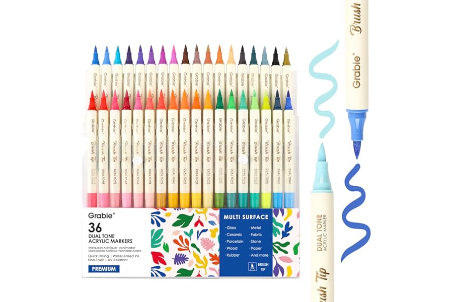 Grabie 72 Colors Acrylic Paint Markers, 36 Pack Dual Tip Soft Brush Acrylic Markers, Water-Based Paint Pens for Paper, Rock Painting, Wood, Canvas, Glass, Fabric, DIY Craft Art Supplies for All Ages