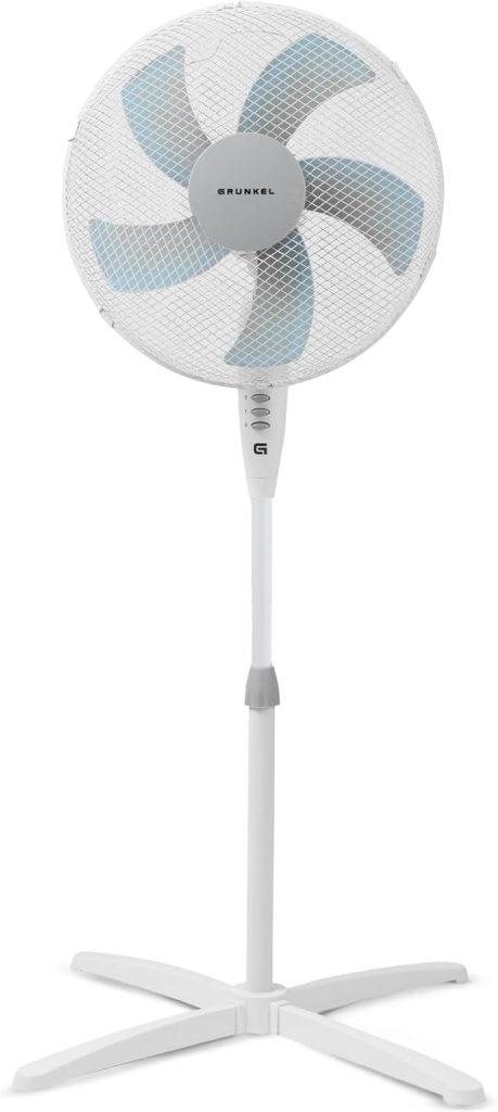 Grunkel Ventilador de Pie FAN-165 de 50W- 16" 40cm de diametro con 3 Velocidades y 5 aspas, Altura Regulable hasta 118cm. Cabezal inclinable, oscilación 90° y cable de 1,4m - 50W (Blanco)
