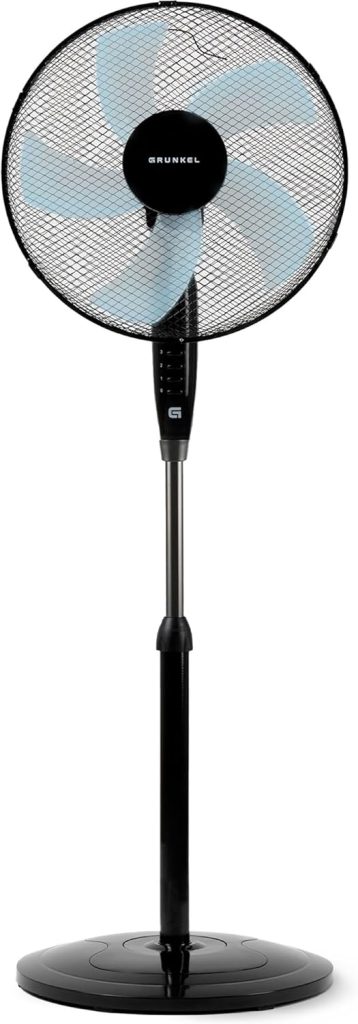 Grunkel Ventilador de Pie de 50W- 16" 40cm de diametro con 3 Velocidades y 5 aspas, Altura Regulable hasta 118cm. Cabezal inclinable, oscilación automatica 90° y cable de 1,4m (Negro O)