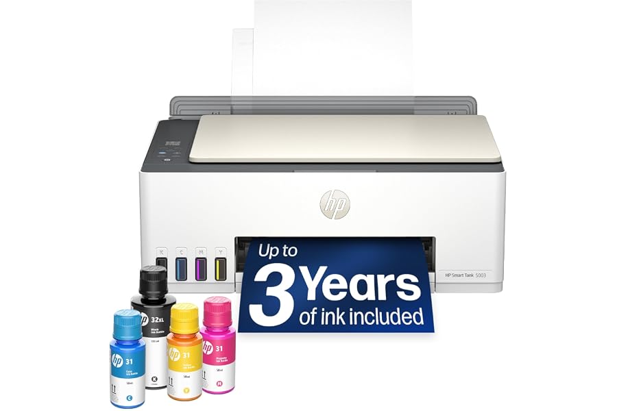HP Smart Tank 5003 Wireless All-in-One Ink Tank Printer, Scanner, Copier with up to 3 Years of Ink Included, Best-for-Home, Cartridge-Free Refillable, AI-Capable (9B2D3A)
