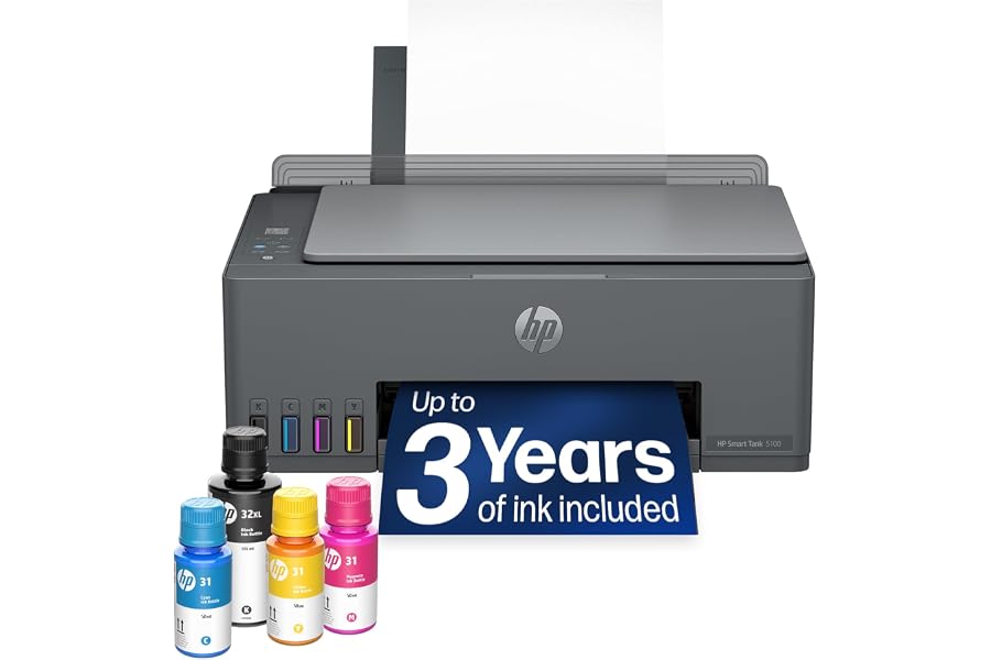 HP Smart Tank 5100 Wireless All-in-One Refillable Printer, Scanner, Copier with up to 3 Years of Ink Included, Best-for-Home, Cartridge-Free, AI-Capable (D06BLA)