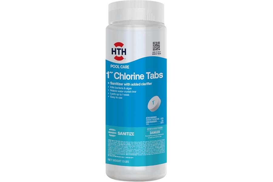 HTH 42049 Pool Care 1" Chlorine Tabs, Swimming Pool Sanitizer with Added Clarifier - Eliminates Bacteria & Algae, Makes Water