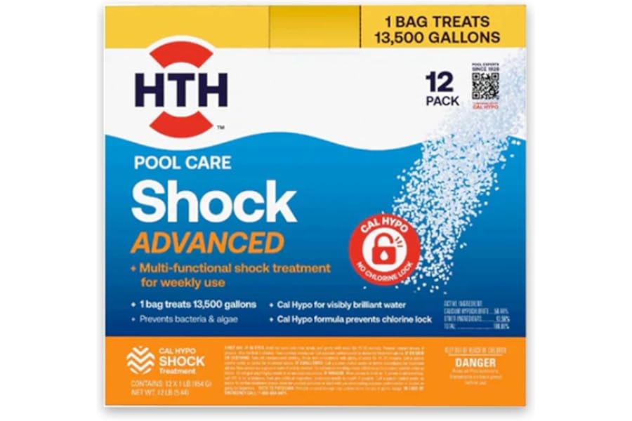 HTH 52037R Pool Care Shock Advanced, Swimming Pool Chemical - Cal Hypo Formula, Prevents Bacteria & Algae, Restores Crystal Clear Water - Shock Treatment, 1lb (12 Pack)