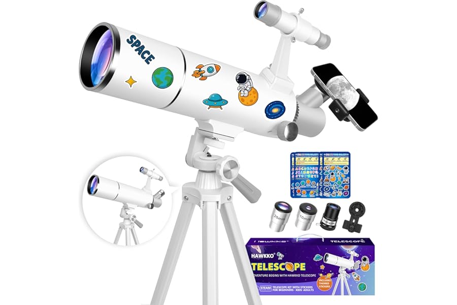 Hawkko 80mm Aperture 500mm Telescope for Kids 8-12 & Adults Beginners | Astronomical Refractor Telescope Kit for Beginners with Decorate Stickers, AZ Tripod, Phone Adapter