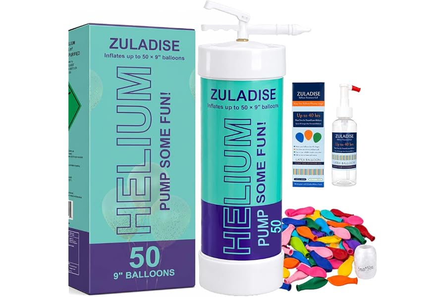 Helium Tank for Balloons at Home, Fills Up to 50 × 9'' Latex Balloons | 99.99% Pure, Balloon Treatment Gel, 50 x 9'' Balloons & Ribbon Included