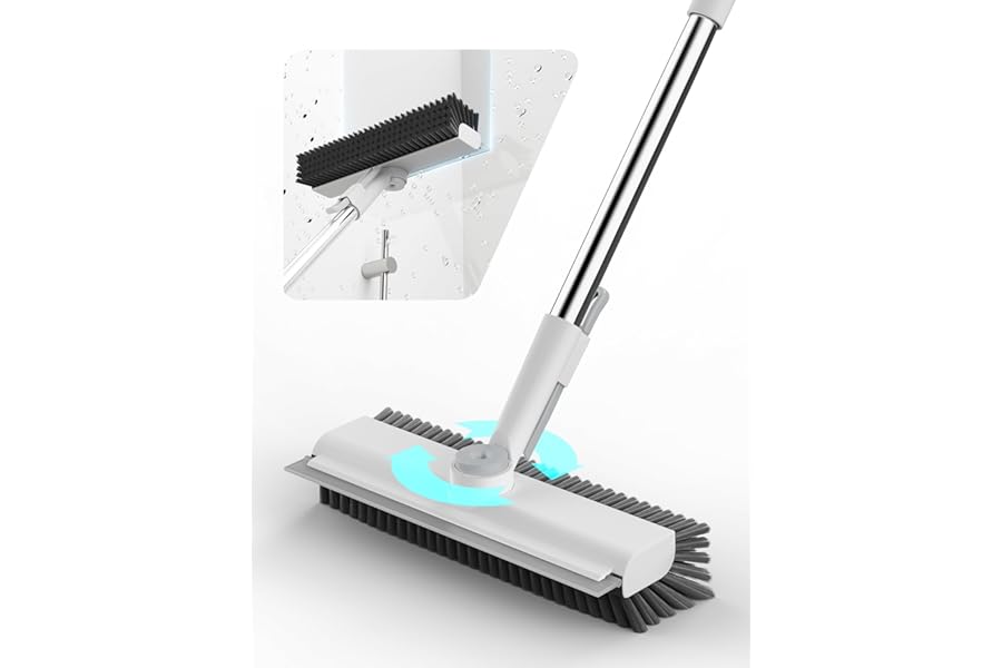 HelpX Floor Scrub Brush with Long Handle, 3 in 1 Scrape and Heavy-Duty Stiff Bristle Floor Scrubber Brush with Squeegee and Tweezer for Cleaning Tile Wall Deck Bathroom Patio Garage Kitchen (White)