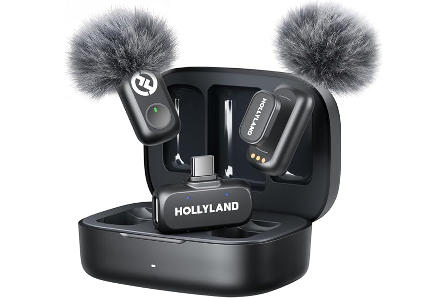 Hollyland Lark A1 Wireless Microphone for iPhone 17/16/15 & Android, 48kHz/24-bit, 3-Level Intelligent Noise Cancel, Mini Mic for YouTube, Podcast, Vlogging (Black, 2TX + USB-C RX + Charging Case)