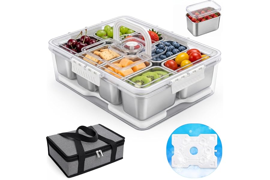 Homelove Snackle Box Container with Ice-Pack, Snack Container Divided Serving Tray with 8-Compartment Snack Platter, Lid and Handle, Food Organizer for Outdoor Travel Party Beach Picnic
