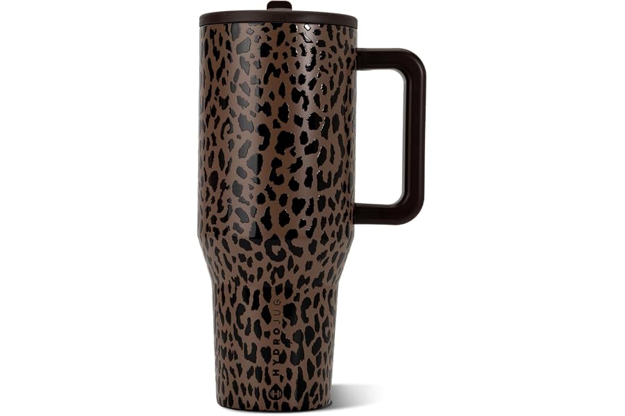 HydroJug Traveler 32oz, Insulated Tumbler with Handle & Straw, Brown Leopard