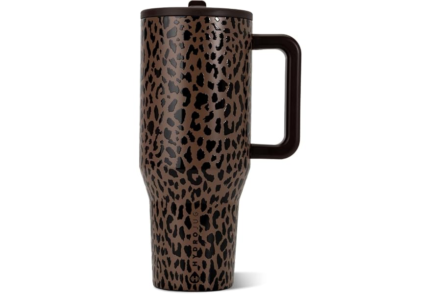 HydroJug Traveler 40oz, Insulated Tumbler with Handle & Straw, Brown Leopard