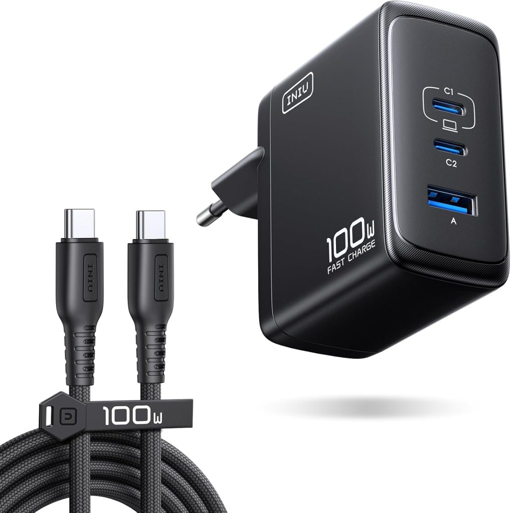 INIU Cargador USB C GAN 100W, 3-Puertos Cargador Rápido Compacto con Cable | Carga multidispositivo, Cargador de Viaje para Portátil MacBook Pro Air 14, iPhone 17 16 Pro Max iPad Samsung S26 Ultra Pixel