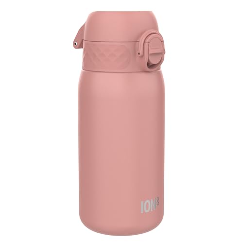 ION8 Lichtgewicht Stalen Kinderwaterfles, 400 ml/13 oz, Zonder Isolatie, Lekvrij, Makkelijk te Openen, Veilige Vergrendeling, Vaatwasserbestendig, Flipdop, Draaggreep, Duurzaam, Asroze
