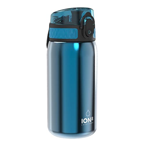 ION8 Lichtgewicht Stalen Kinderwaterfles, 400 ml/13 oz, Zonder Isolatie, Lekvrij, Makkelijk te Openen, Veilige Vergrendeling, Vaatwasserbestendig, Flipdop, Draaggreep, Duurzaam, Blauw