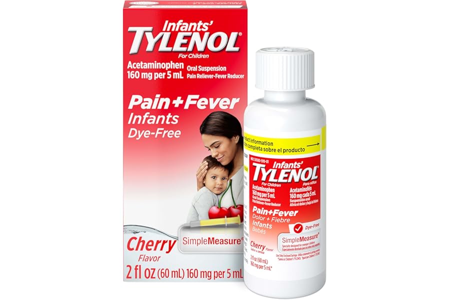 Infants’ Tylenol Dye Free Acetaminophen, Free of Alcohol, Aspirin and Ibuprofen, Oral Suspension, Pain Relief, Fever Reducer, Includes SimpleMeasure Dosing Syringe, Cherry Flavor, 2 Fl Oz