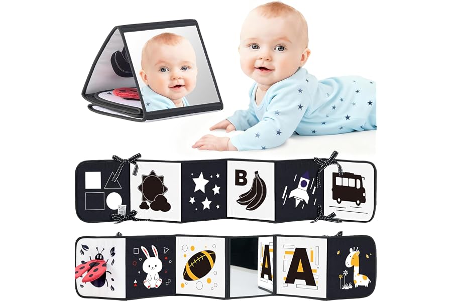 Infinno High Contrast Baby Book, Black and White, Tummy Time Mirror Toy | Newborn visual stimulation 0-6 months, Montessori sensory play, soft crinkle pages, folds flat, ties to crib and stroller
