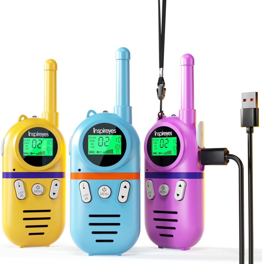 Inspireyes Walkie Talkies Niños Recargables, Pack de 3, Regalo Niño Niña | 48 h de autonomía, largo alcance, VOX manos libres, linterna, camping, senderismo, regalo de cumpleaños y Navidad