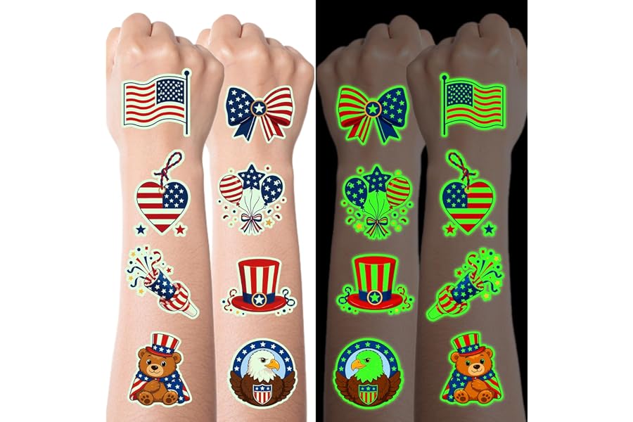 JCFIRE Luminous 4th of July Tattoos Glow in The Dark, Temporary Tattoos for Kids and Adults, 4th of July Accessories for Women Girls, Fourth of July Decorations Supplies