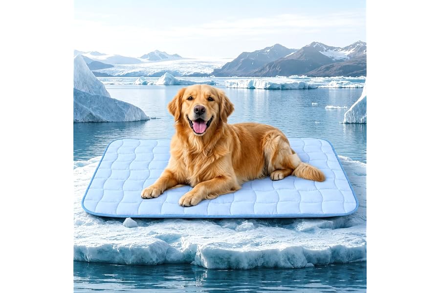 JOLLYVOGUE Cooling Mat for Dogs, 44" x 32" - X-Large Dog Cooling Pad, Wavy Quilted Kennels Bed with Non-Slip Base, Machine Washable Indoor Outdoor Summer Sleeping Dog Mat, Blue
