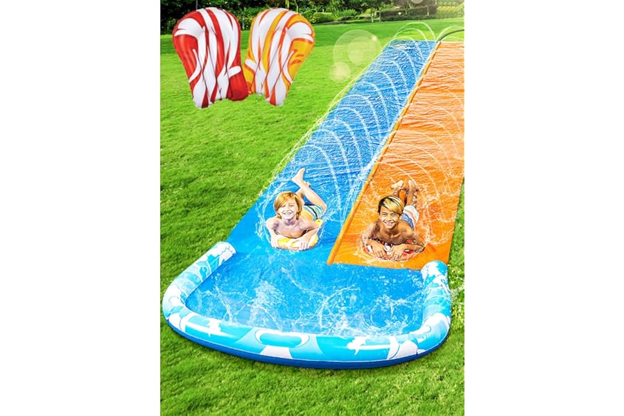 JOYIN 22.5ft Water Slides and 2 Bodyboards, Lawn Water Slide Summer Slip Waterslides Water Toy with Build in Sprinkler for Backyard Outdoor Water Fun for Kids