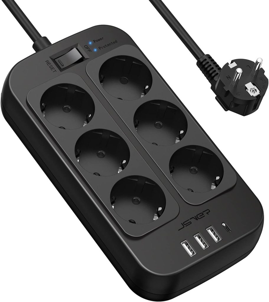 JSVER Regleta Enchufes USB, Proteccion Sobretension con 6 Toma de Corriente y 4 USB Puertos(5V3,4A) Estación de Carga Inteligente, Alargadora con Cable 2m-Negro