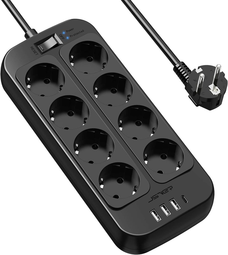 JSVER Regleta Enchufes USB, Proteccion Sobretension con 8 Toma de Corriente y 4 Puertos(5V3,4A) Estación de Carga Inteligente Tomas Alargadora con Cable 1.8m-Negro