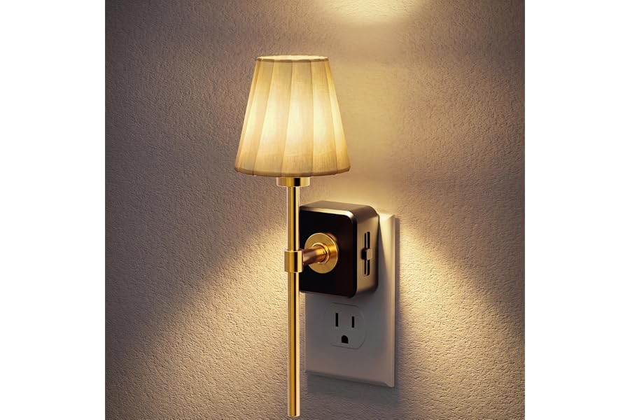 JandCase Night Lights Plug into Wall, Vintage Nightlight with Dusk to Dawn Sensor, 0-100LM Dimmable, Pleated Fabric Beige Lamp for Living Room Bedroom Hallway
