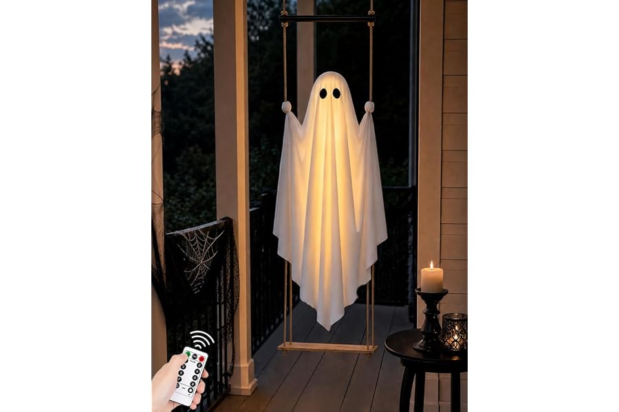 Joyehome Halloween Decorations Outdoor 3.7FT Pre-Assembled Hanging Swing Ghost with Remote Lights Spooky Hanging Ghosts for Porch Yard Tree Party