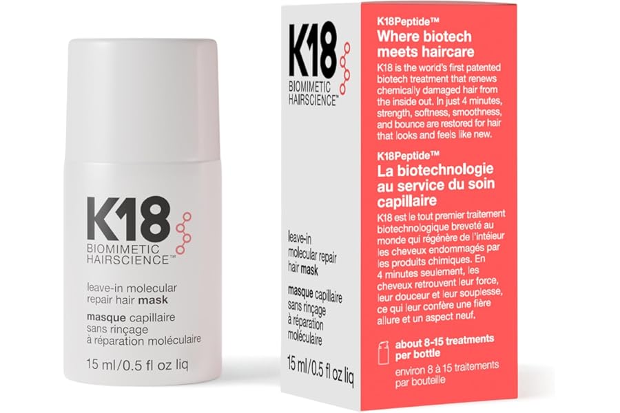 K18 Leave-In Molecular Repair Hair Mask, Patented, Lasting Repair For Dry, Frizzy, Damaged Hair, Reverse Damage In 4 Minutes From Bleach, Color, Chemical Services + Heat