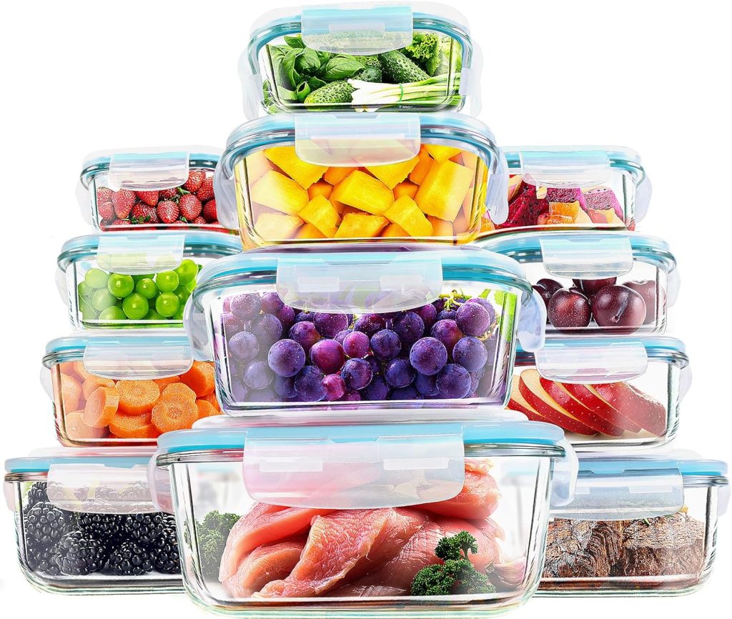 KICHLY - Recipientes De Vidrio Para Alimentos - Paquete De 12 Recipientes Herméticos Para Alimentos Con Tapas Transparentes - Aptos Para Lavavajillas Y Microondas, Sin BPA