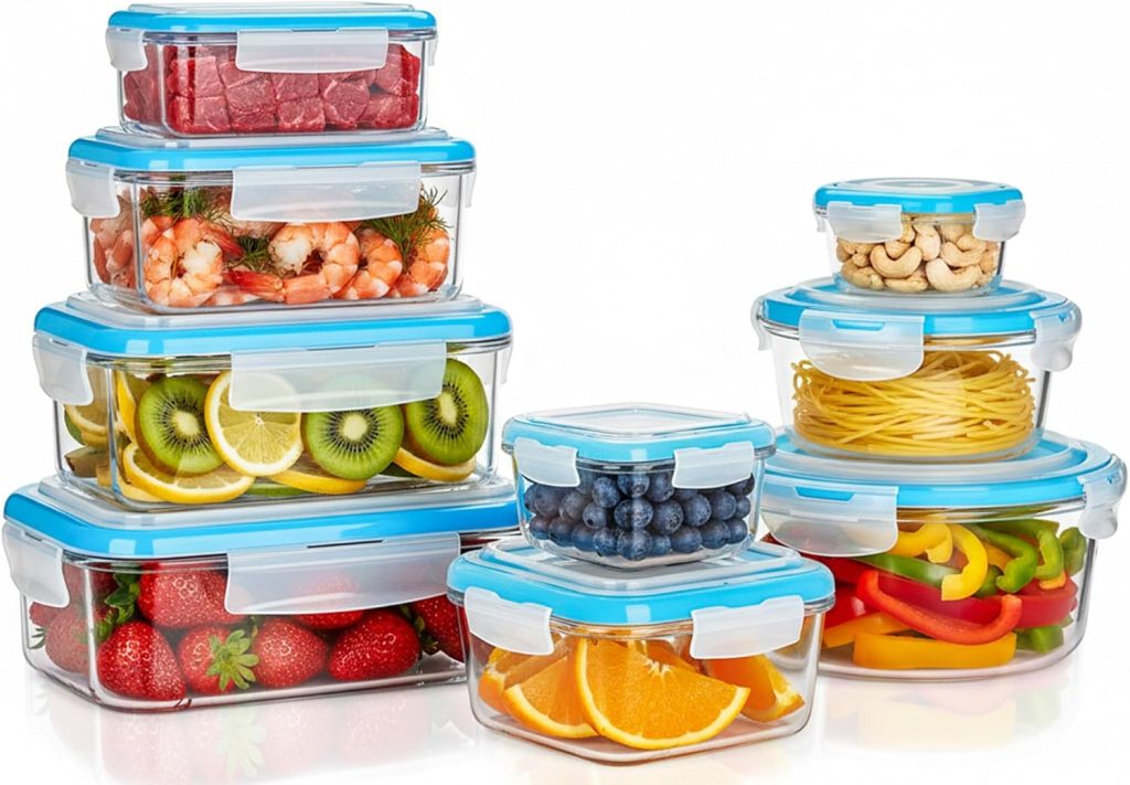 KICHLY - Recipientes De Vidrio Para Alimentos - Paquete De 9 Recipientes Herméticos Para Alimentos Con Tapas Transparentes - Aptos Para Lavavajillas Y Microondas, Sin BPA