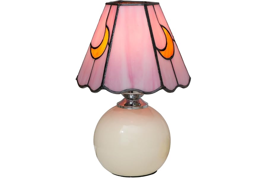 KIPHEPI Tiffany Style Moon Mushroom Stained Glass Table Lamp Pink Cute Small Table Lamp Bedroom Bedside lamp Living Room Dining Room Office Decoration Desk lamp Home Decoration Creative Gift