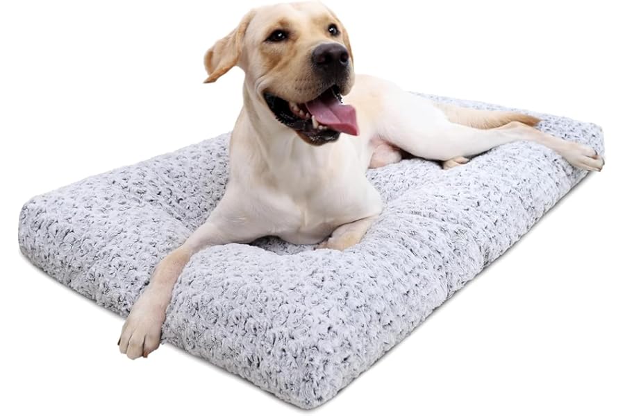 KSIIA Washable Dog Bed Deluxe Plush Dog Crate Beds Comfy Kennel Pad Anti-Slip Pet Sleeping Mat for Large, Jumbo, Medium, Small Dogs Breeds, 35" x 23", Gray