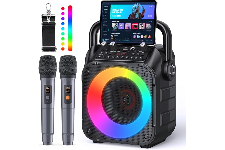 Karaoke Machine, Portable Bluetooth Speaker with 2 Wireless Microphones for Adults & Kids with Lights, Karaoke Microphone wit