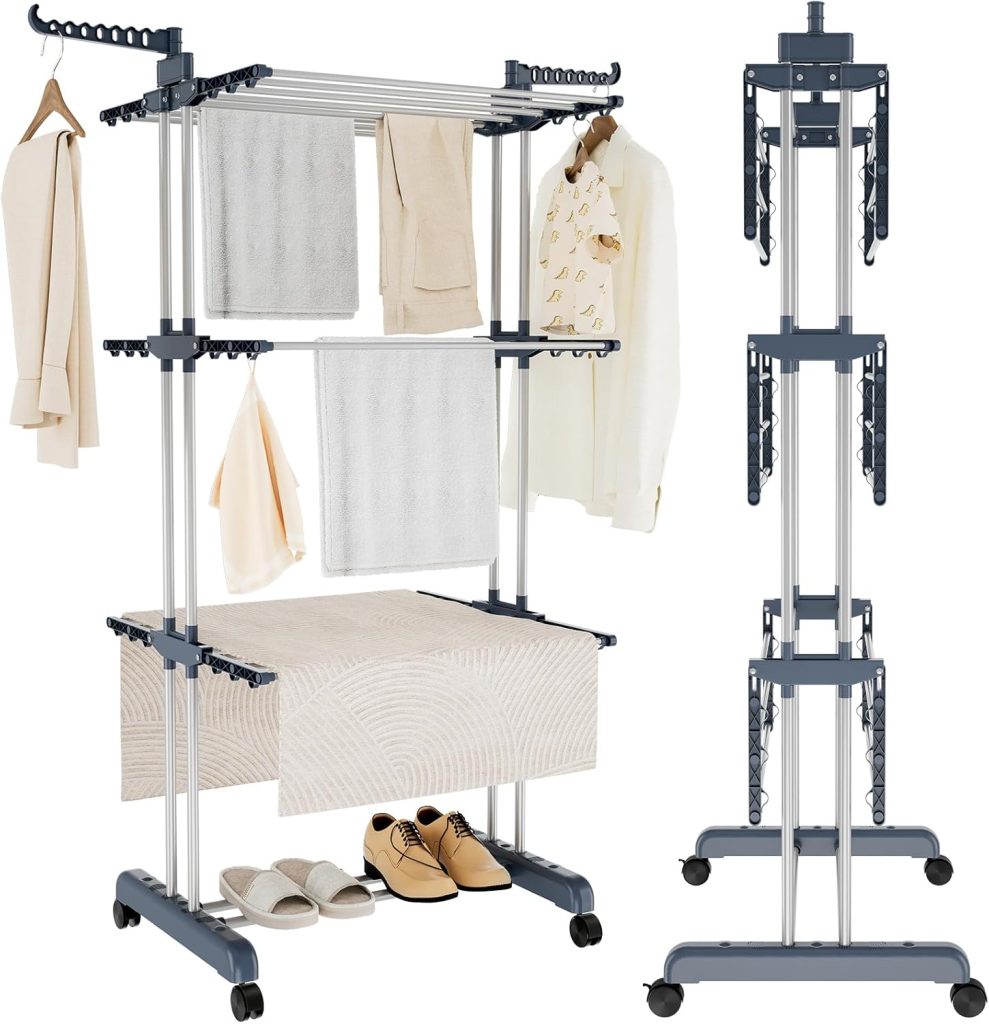 KingSaid Séchoir à Linge à roulettes réglable à 3 Niveaux avec Ailes rabattables Grand séchoir à Linge en Acier Inoxydable avec roulettes Convient pour Une Utilisation à l'extérieur et à l'intérieur