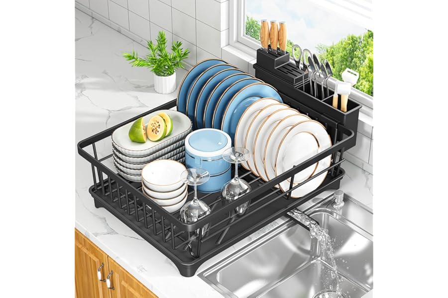 Kmiectse Dish Drying Rack - Space-Saving Small Dish Rack for Kitchen Counter, Rust-Resistant Kitchen Drying Rack, Compact Dish Drainer Organizer with Utensil Holder for Home Kitchen, Black