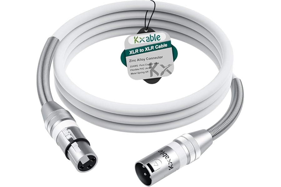 Kxable XLR Microphone Cable 6 FT, XLR Male to Female Balanced Mic Cable, 3-Pin Shielded Speaker Cord, Zinc Alloy Connectors, 22AWG Pure Copper, Metal Spring SR, Recording Studio, Podcast, White