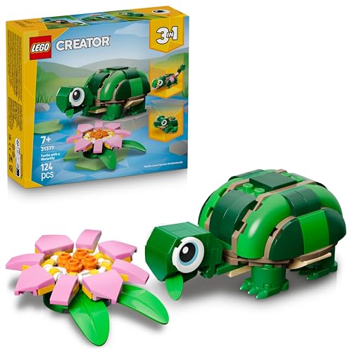 LEGO Creator 3in1 Turtle with a Water Lily Flower Toy - Animal Figure Transforms into a Chameleon or Frog - DIY Desk Decor Idea - Birthday Gift for 7+ Year Old Girls & Boys - 31377