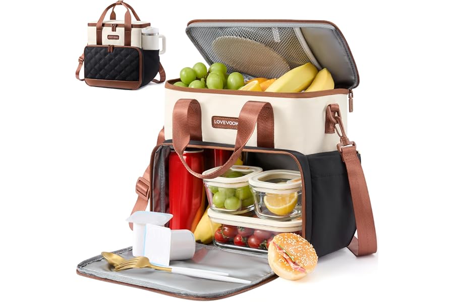 LOVEVOOK Insulated Lunch Bag for Women Men, Double Deck Large Lunch Box, Leakproof Cooler Bag with Cup Holder & Adjustable Strap,15L Quilted Reusable Lunch Tote for Work,Teacher,Nurse,Picnic,Beach