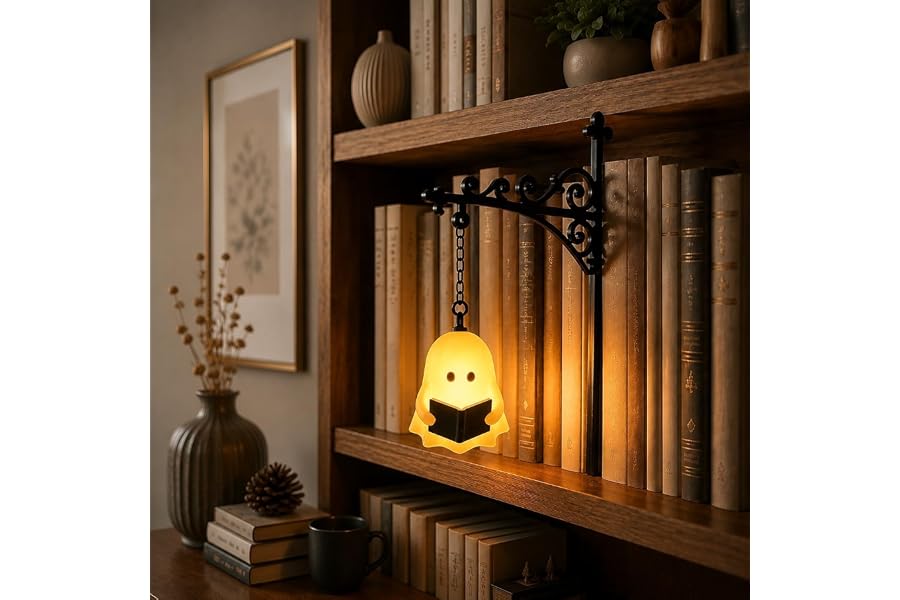 Library Lantern-Decorative Bookshelf Lighting, Mini Bookshelf Lamp Slides Between Books, Warm Amber LED Bookshelf Lights for Book Nook, Shelf Decor Gift for Book Lovers(Reading Ghost)