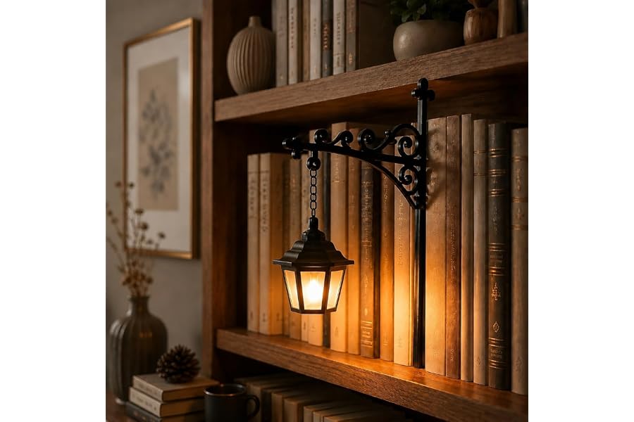 Library Lantern-Decorative Bookshelf Lighting, Mini Bookshelf Lamp Slides Between Books, Warm Amber LED Bookshelf Lights for Book Nook, Shelf Decor Gift for Book Lovers(Classic Lantern)