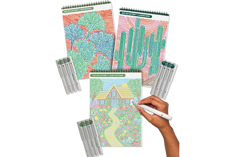 Lifelines FlowArt Activity Pads, 3-Pack - Guided Dot by Letter Art Meditations with Markers - 12 Double-Sided Markers & 60 Scenes - Color by Number Coloring Books for Tweens, Adults & Seniors