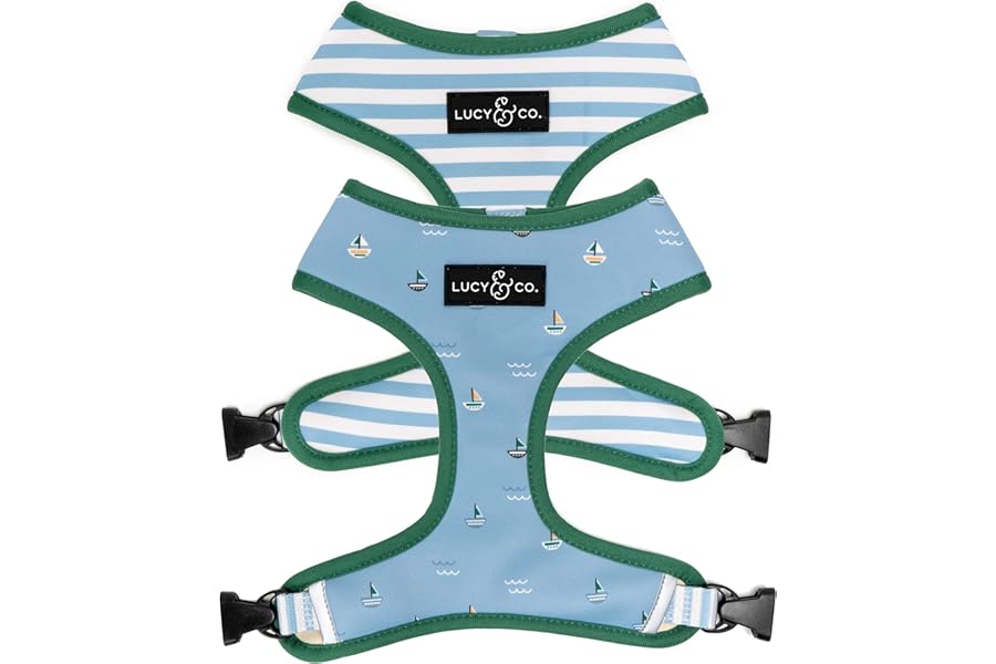 Lucy & Co. Reversible Dog Harness - Water-Repellent Neoprene, Dual-Print Design, Easy Swap Style, Adjustable Comfort Fit - Set Sail Reversible Harness - X-Large