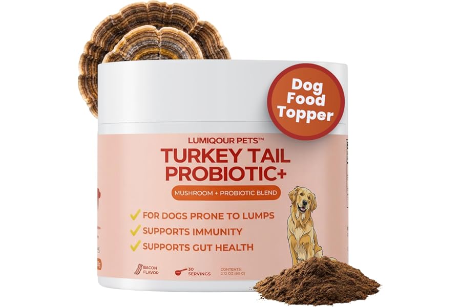 Lumiqour Turkey Tail Mushroom for Dogs – Turkey Tail Mushroom Powder with Probiotics for Immune and Digestive Support, Supports Lumps and Bumps, Bacon Flavored Daily Dog Supplement